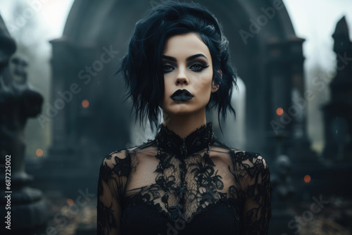 Stylish gothic woman against the background of a cemetery