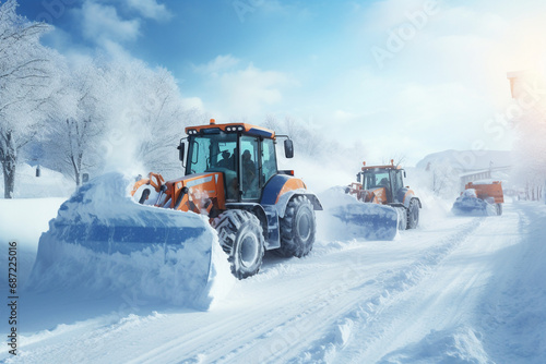 the tractor cleans the snowdrifts. generative ai. heavy snowfall paralyzed the city.	
