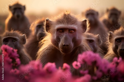 AI generated illustration of a group of primates perched atop a grassy field photo