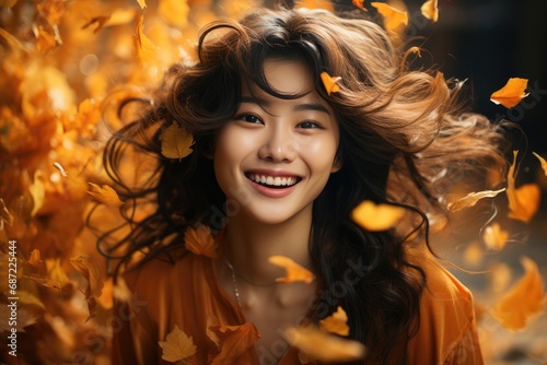 A radiant young woman with a warm smile and flowing brown hair, adorned in autumnal hues, embraces the beauty of fall as she stands amidst swirling leaves