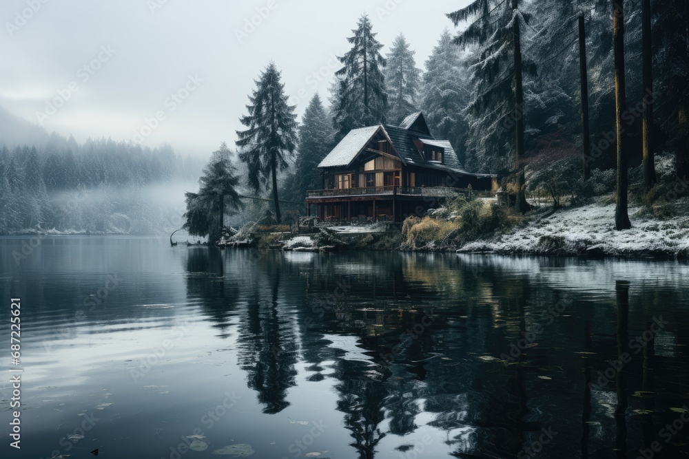 A solitary house stands amidst the serene winter landscape, its reflection shimmering in the fog-covered lake, with snow-dusted trees and majestic mountains as its backdrop A solitary house stands amidst the serene winter landscape, its reflection shimmering in the fog-covered lake, with snow-dusted trees and majestic mountains as its backdrop
