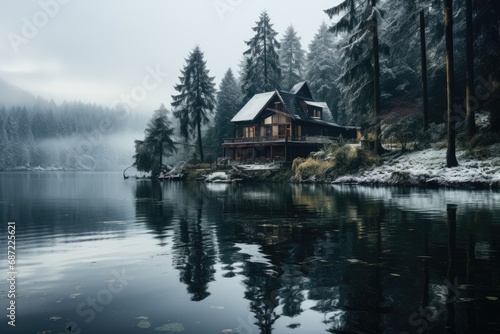 A solitary house stands amidst the serene winter landscape, its reflection shimmering in the fog-covered lake, with snow-dusted trees and majestic mountains as its backdrop
