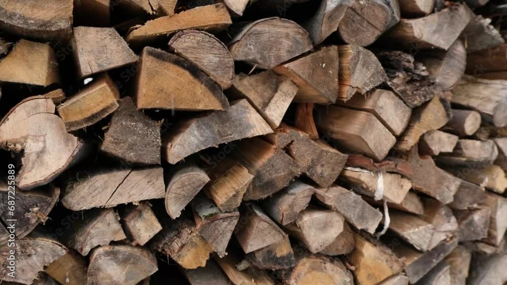 Wood gets wet in the rain. Wood for kindling. Pile of firewood logs outside. Logging of of wooden logs. Сhopped pine wood is not protected from the weather. Wet firewood. It's raining Wood gets wet in the rain. Wood for kindling. Pile of firewood logs outside. Logging of of wooden logs. Сhopped pine wood is not protected from the weather. Wet firewood. It's raining