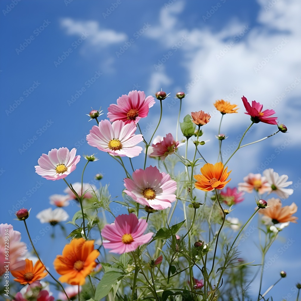 Cosmos flowers in the field against bright blue sky. Low angle view of isolated cosmos flowers, Thailand Cosmos flowers in the field against bright blue sky. Low angle view of isolated cosmos flowers, Thailand