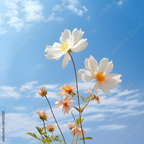 Cosmos flowers in the field against bright blue sky. Low angle view of isolated cosmos flowers, Thailand