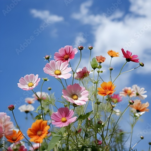 Cosmos flowers in the field against bright blue sky. Low angle view of isolated cosmos flowers, Thailand © SandyHappy