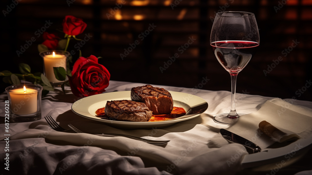 romantic dinner wither steak and wine under warm light in restaurant 