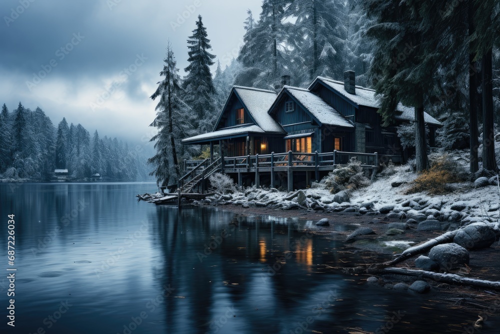 A serene winter scene, where a quaint house sits upon a frozen lake surrounded by snow-covered trees, with the sky reflecting in the crystal clear water and the majestic mountains looming in the dist