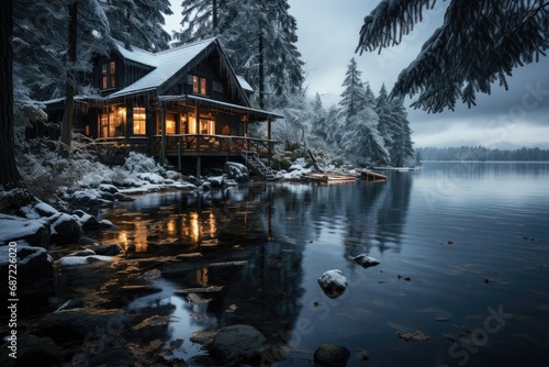 A cozy winter retreat nestled among snow-covered trees, reflecting the serene landscape of a mountain lake