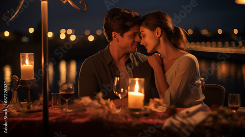 Lover couple dinner together with steak and wine in restaurant river sideview at night  photo