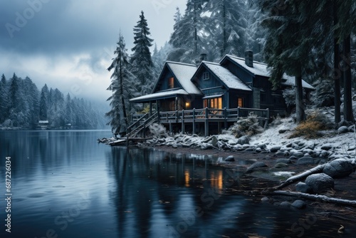 A serene winter scene, where a quaint house sits upon a frozen lake surrounded by snow-covered trees, with the sky reflecting in the crystal clear water and the majestic mountains looming in the dist photo