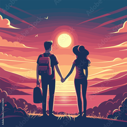 Romantic Sunset Vector Art - Love Couples Holding Hands