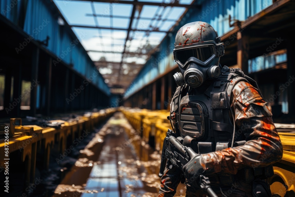A masked figure stands atop a crumbling building, their weapon raised as they survey the desolate cityscape below A masked figure stands atop a crumbling building, their weapon raised as they survey the desolate cityscape below