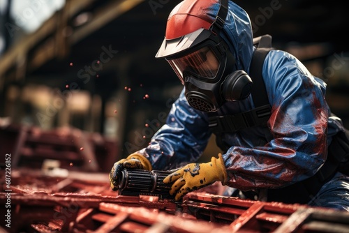 A resilient worker donning a protective suit and mask prepares for the hazards of their job, equipped with a hard hat and helmet, ready to brave the elements and conquer any construction or firefight