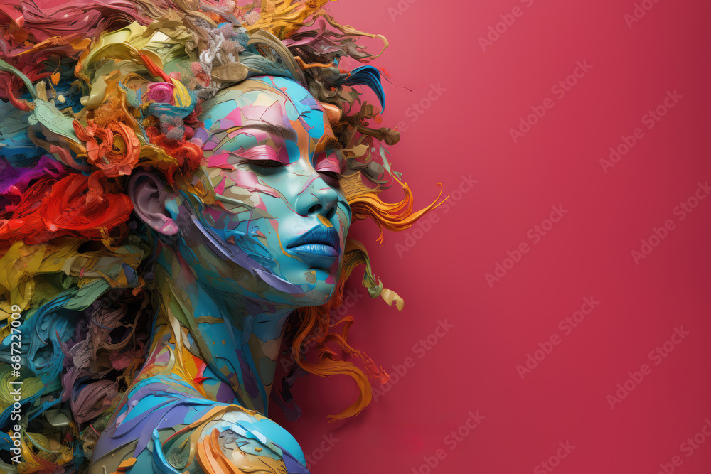 BEAUTIFUL WOMAN WITH HER FACE AND HAIR PAINTED WITH MULTICOLOR FANTASY PAINTINGS ON A FUTSIA BACKGROUND WITH COPY SPACE.
