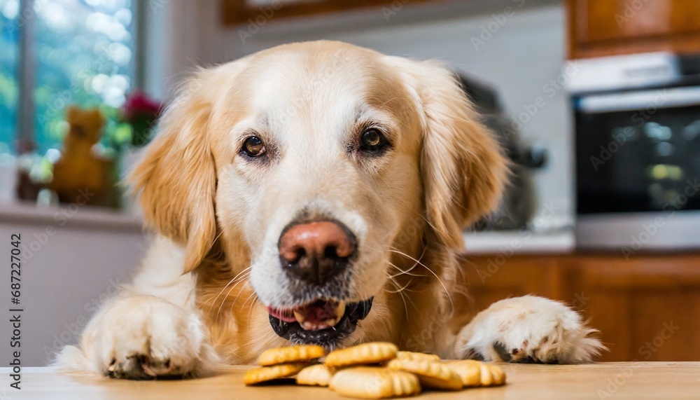 golden retriever dog with bone snack