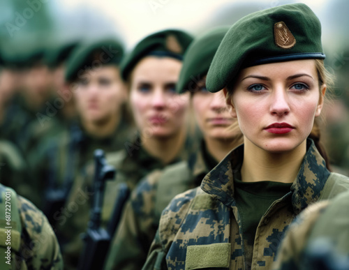 Group of women in military digital camo uniforms standing at army ceremony or presentation. Generative AI
