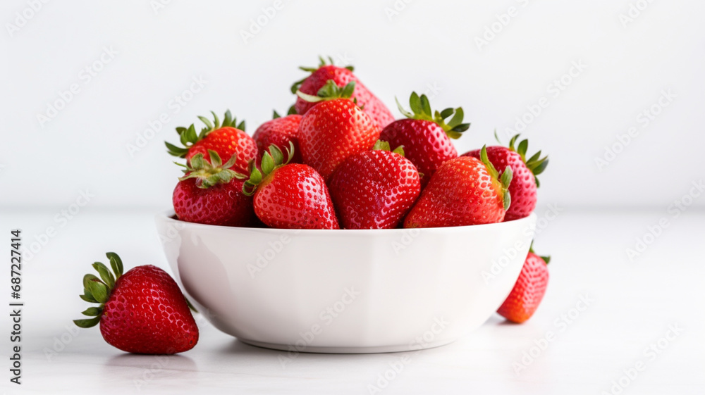 Bowl of fresh strawberries arranged on a white surface Bowl of fresh strawberries arranged on a white surface