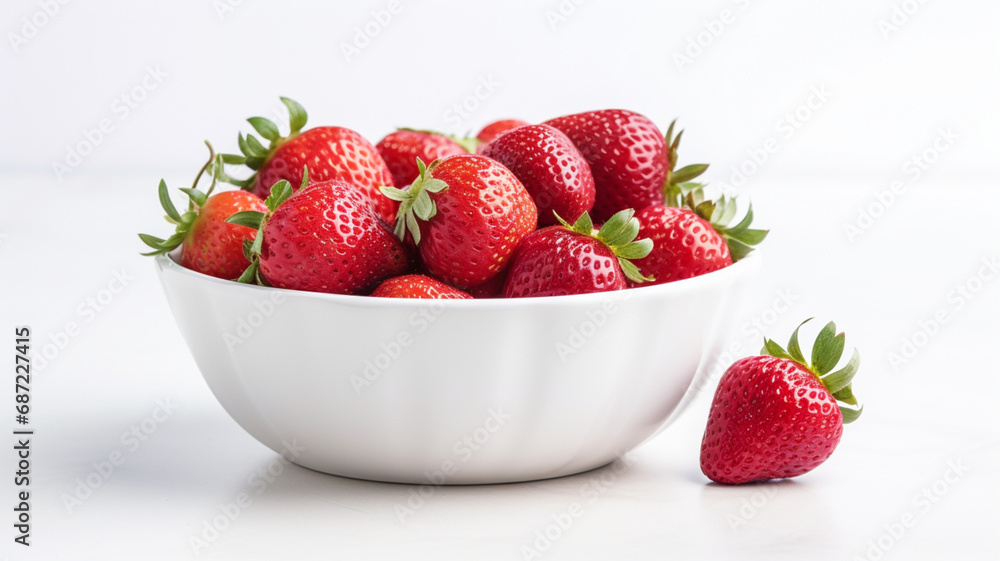 Bowl of fresh strawberries arranged on a white surface Bowl of fresh strawberries arranged on a white surface