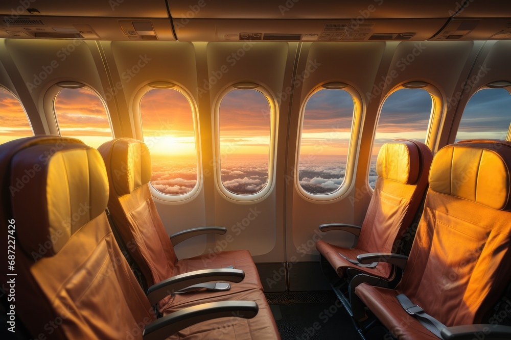Fototapeta premium As the train-like aircraft cabin glides through the sky, passengers bask in the warm glow of the sunset, their seats a perfect vantage point for the breathtaking view