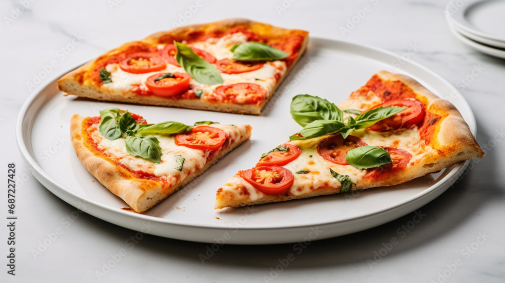 Classic Margherita pizza sliced into triangles on a white platter on a white surface Classic Margherita pizza sliced into triangles on a white platter on a white surface