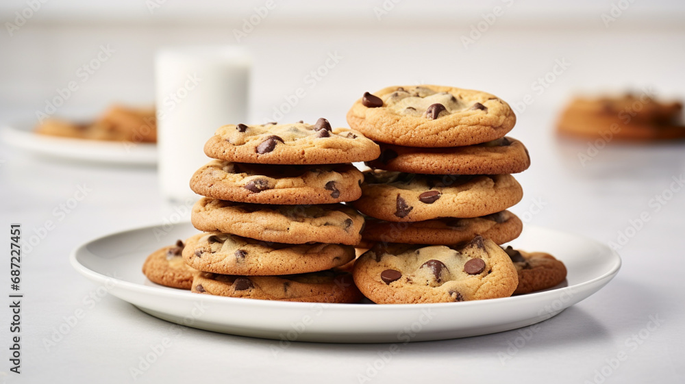 Stack of freshly baked chocolate chip cookies on a white plate on a white surface