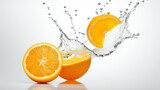 Glass of freshly squeezed orange juice with sliced oranges on the side, set against a white surface on a white surface