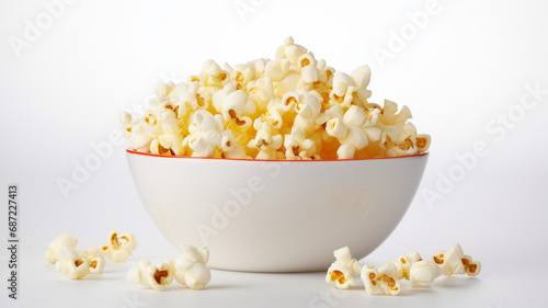 Bowl of freshly popped popcorn against a clean white surface