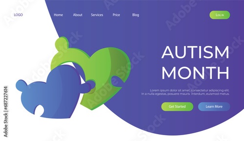 Landing page world autism awareness day with jigsaw heart puzzle pieces. International solidarity, asperger’s day. Health care, mental illness. Social media post for poster, banner, cover, card
