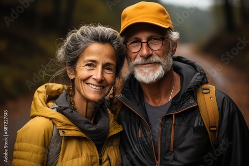 A couple's happy moment captured in a portrait as they smile for the camera, showcasing their stylish outerwear and bright yellow accents, with the man's rugged beard adding a touch of charm