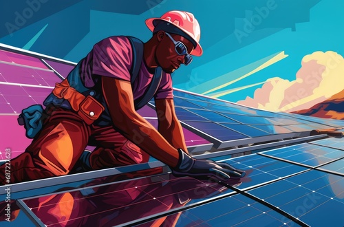 Illustration of an African-American solar panel worker installing a solar panel