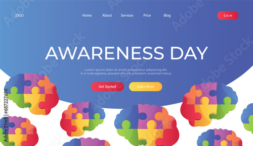 Landing page world autism awareness day with jigsaw brain puzzle pieces. International solidarity, asperger’s day. Health care, mental illness. Social media post for poster, banner, cover, card