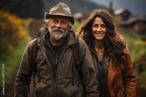 A smiling couple braves the autumn mountains, their rugged outerwear and fashionable accessories a perfect complement to their natural surroundings