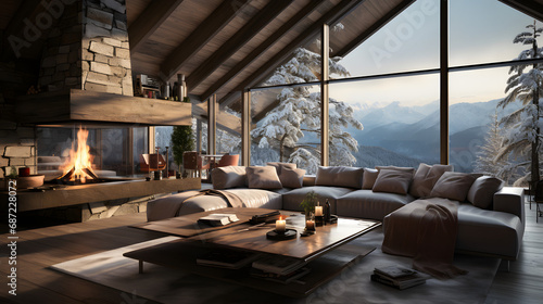 Cozy modern winter living room in the morning,interior with a modern fireplace in a chalet. © Benjamin