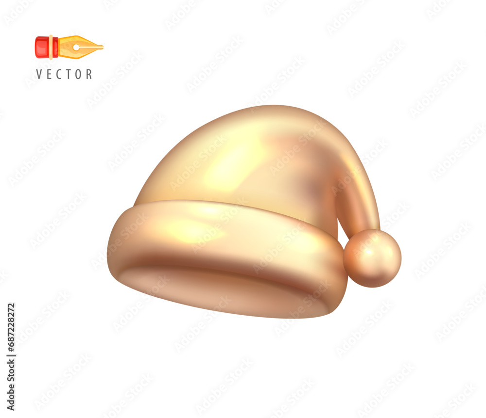 Fototapeta premium Santa Claus Christmas Gold Hat. Christmas and New Year element of traditional costume. Realistic 3d mocup design element in cartoon style. Icon isolated on white background. 3D Vector object