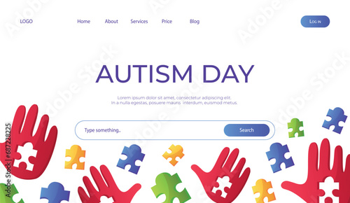 Landing page world autism awareness day with hand colorful puzzle pieces. International solidarity, asperger’s day. Health care, mental illness. Social media post for poster, banner, cover, card