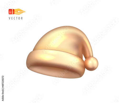 Santa Claus Christmas Gold Hat. Christmas and New Year element of traditional costume. Realistic 3d mocup design element in cartoon style. Icon isolated on white background. 3D Vector object
