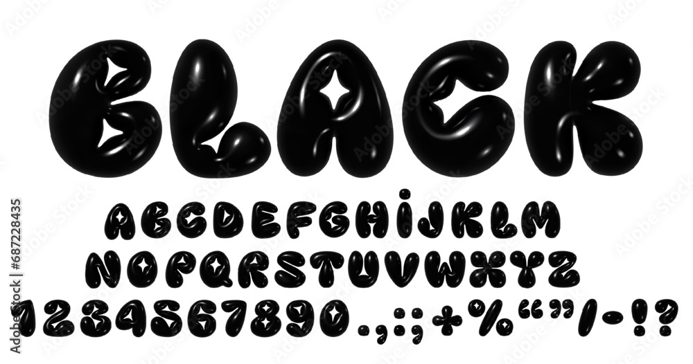 3D Y2K glossy bubble font with black shiny inflated balloon numbers and English alphabet letters. Realistic vector illustration, trendy typography - obrazy, fototapety, plakaty 
