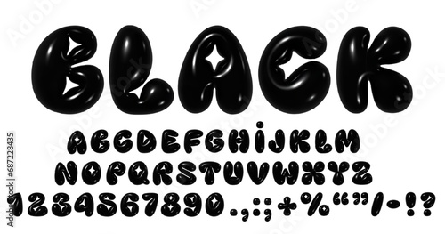 Foto 3D Y2K glossy bubble font with black shiny inflated balloon numbers and English alphabet letters