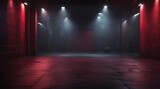 A dark empty street, dark background, an empty dark scene, neon light, spotlights The asphalt floor and studio room with smoke float up the interior texture. night view Generative AI