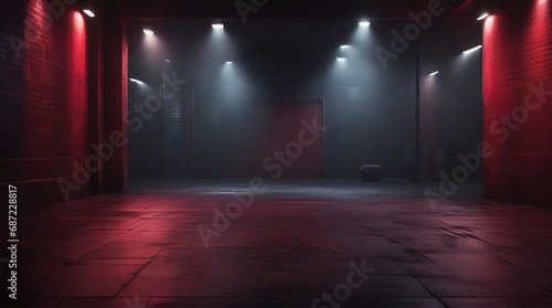 A dark empty street, dark  background, an empty dark scene, neon light, spotlights The asphalt floor and studio room with smoke float up the interior texture. night view Generative AI photo