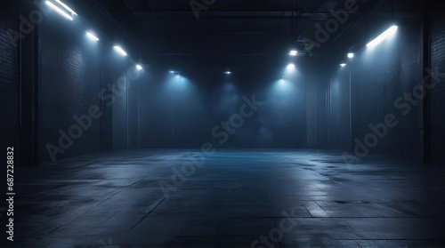 A dark empty street  dark  background  an empty dark scene  neon light  spotlights The asphalt floor and studio room with smoke float up the interior texture. night view Generative AI