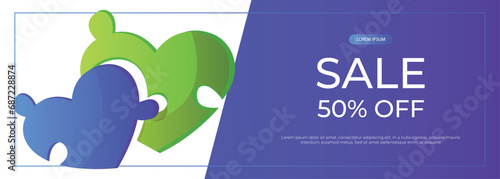Promo sale banner world autism awareness day with jigsaw heart puzzle pieces. International solidarity, asperger’s day. Health care, mental illness. Social media post for poster, advertising, cover