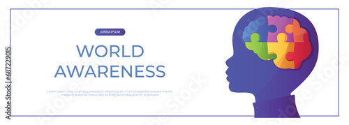 Promo banner world autism awareness day with child head with puzzle pieces. International solidarity, asperger’s day. Health care, mental illness. Social media post for poster, advertising, cover