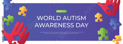 Promo banner world autism awareness day with hand colorful puzzle pieces. International solidarity, asperger’s day. Health care, mental illness. Social media post for poster, advertising, cover