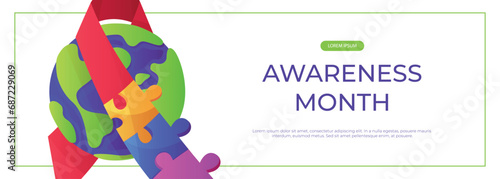 Promo banner world autism awareness day with planet ribbon puzzle pieces. International solidarity, asperger’s day. Health care, mental illness. Social media post for poster, advertising, cover