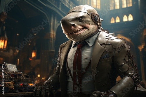 A mysterious fictional character donning a shark head and suit of armor stands atop a towering building, their human face hidden behind the disguise as they survey the city below with a mix of determ photo