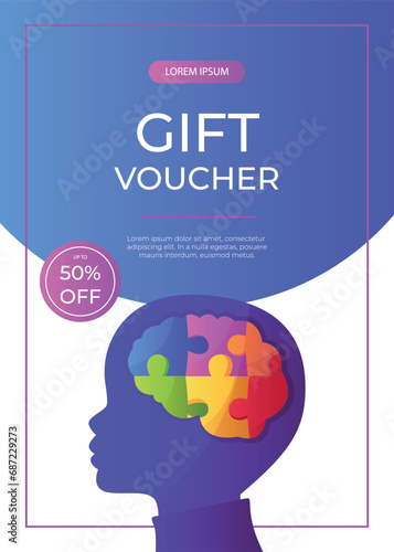 Promo gift flyer world autism awareness day with child head with puzzle pieces. International solidarity, asperger’s day.Health care, mental illness. Social media post. A4 vector for poster, banner