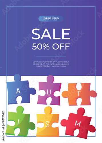 Promo sale flyer world autism awareness day with jigsaw puzzle pieces with text. International solidarity, asperger’s day.Health care, mental illness. Social media post A4 for poster, banner, cover