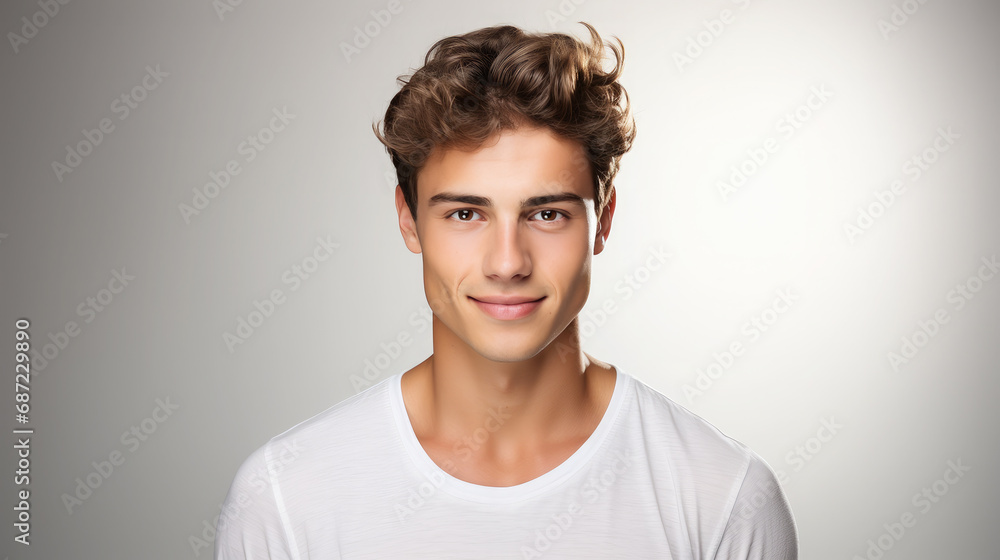 handsome young man on a white background, portrait of a stylish guy, beauty shooting, studio, model, health, cosmetology, spa, skin care, hairstyle, boy, emotional face, smile, isolate, place for text handsome young man on a white background, portrait of a stylish guy, beauty shooting, studio, model, health, cosmetology, spa, skin care, hairstyle, boy, emotional face, smile, isolate, place for text